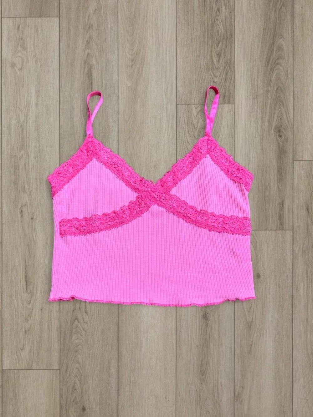 Pink Lace-Trim Ribbed Camisole